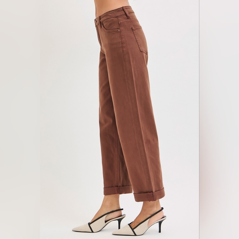 RISEN Mid-Rise Tummy Control Barrel Jeans Baggy Leg Rolled Hem Denim Pants Brown - Picture 4 of 16